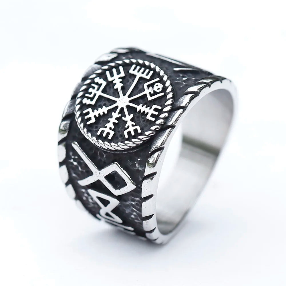 Bague viking Vegvisir en acier inoxydable symbole protection nordique