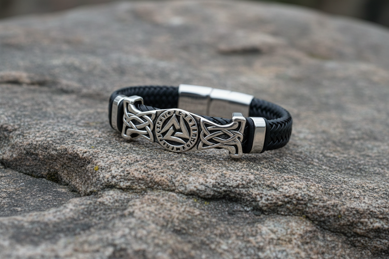 Bracelet Valknut Viking en Cuir Tressé - Nordikfuri