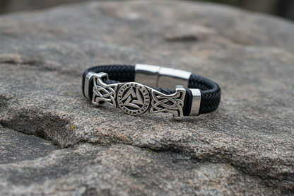 Bracelet Valknut Viking en Cuir Tressé - Nordikfuri