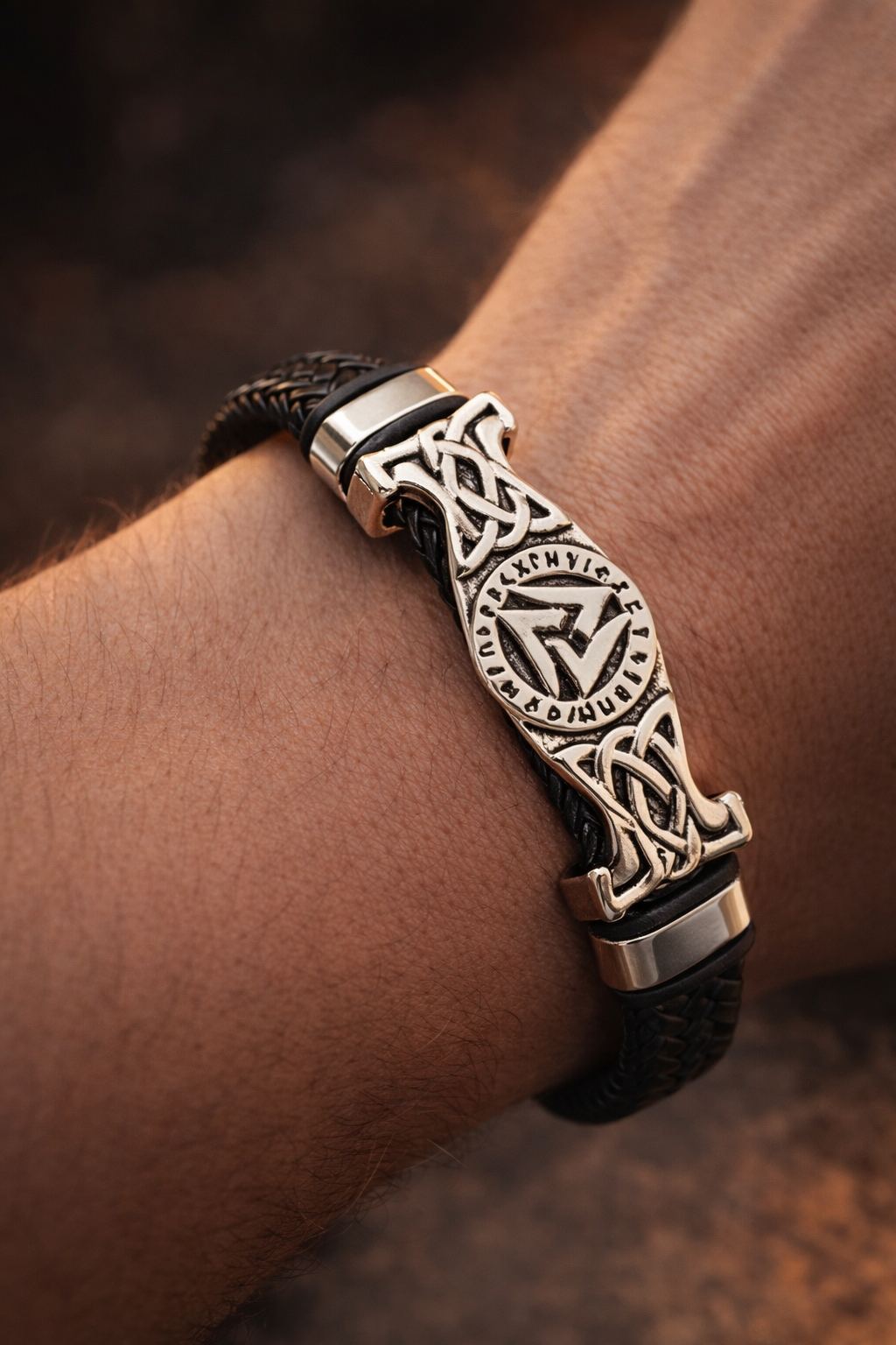 Bracelet Valknut Viking en Cuir Tressé - Nordikfuri