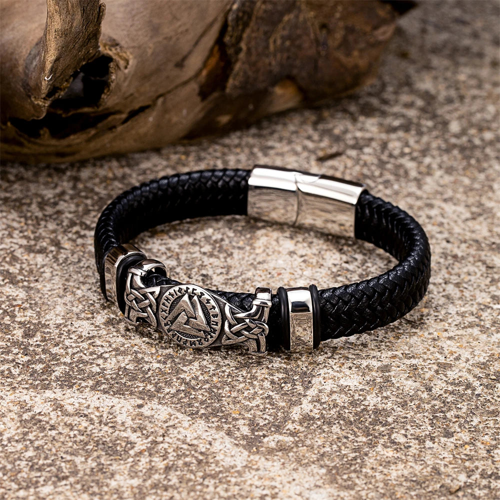 Bracelet Valknut Viking en Cuir Tressé - Nordikfuri