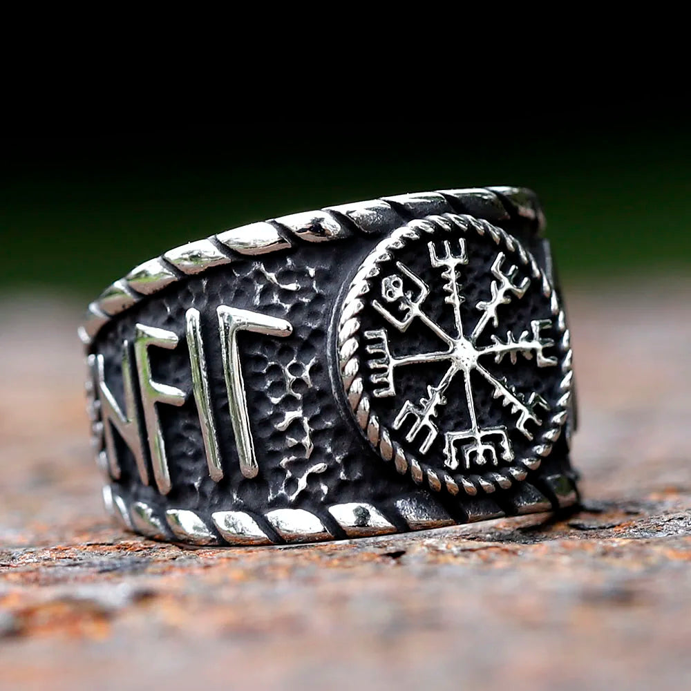 Bague viking Vegvisir en acier inoxydable symbole protection nordique